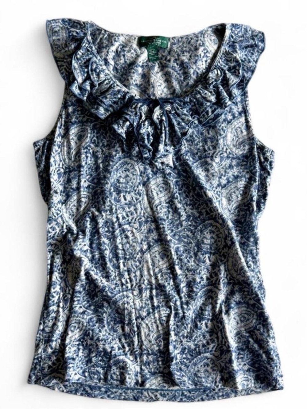 Ralph Lauren blue paisley sleeveless ruffled blouse - petite preppy coquette top